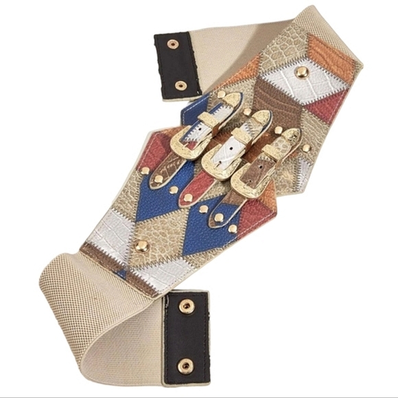 Pebbled Patchwork Triple Buckle Wide Width Belt - Picture 3 of 4